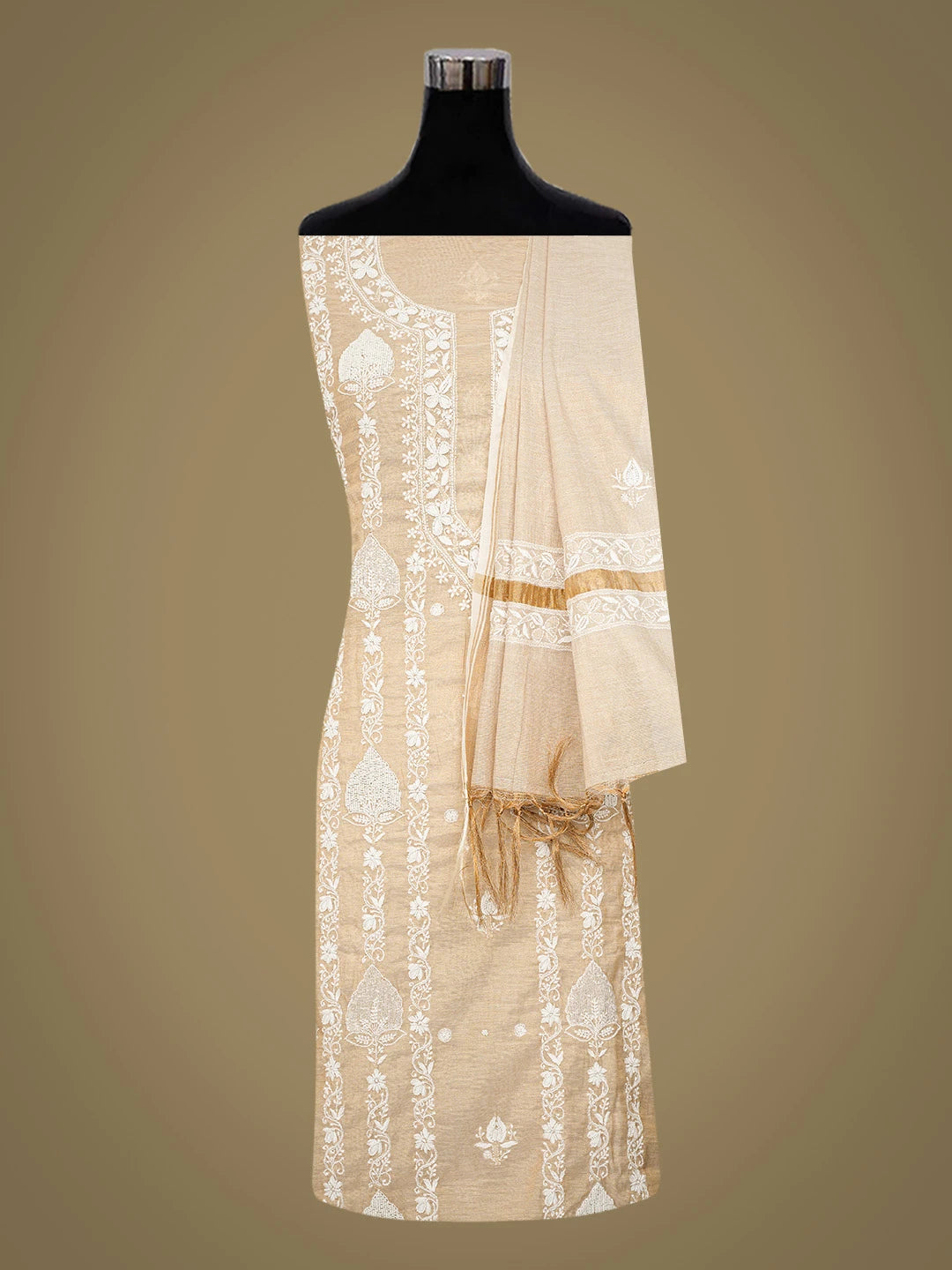 Ada Hand Embroidered Fawn Tissue Lucknowi Chikankari Unstitched Kurta Dupatta Set With Pearl Work 01A736989