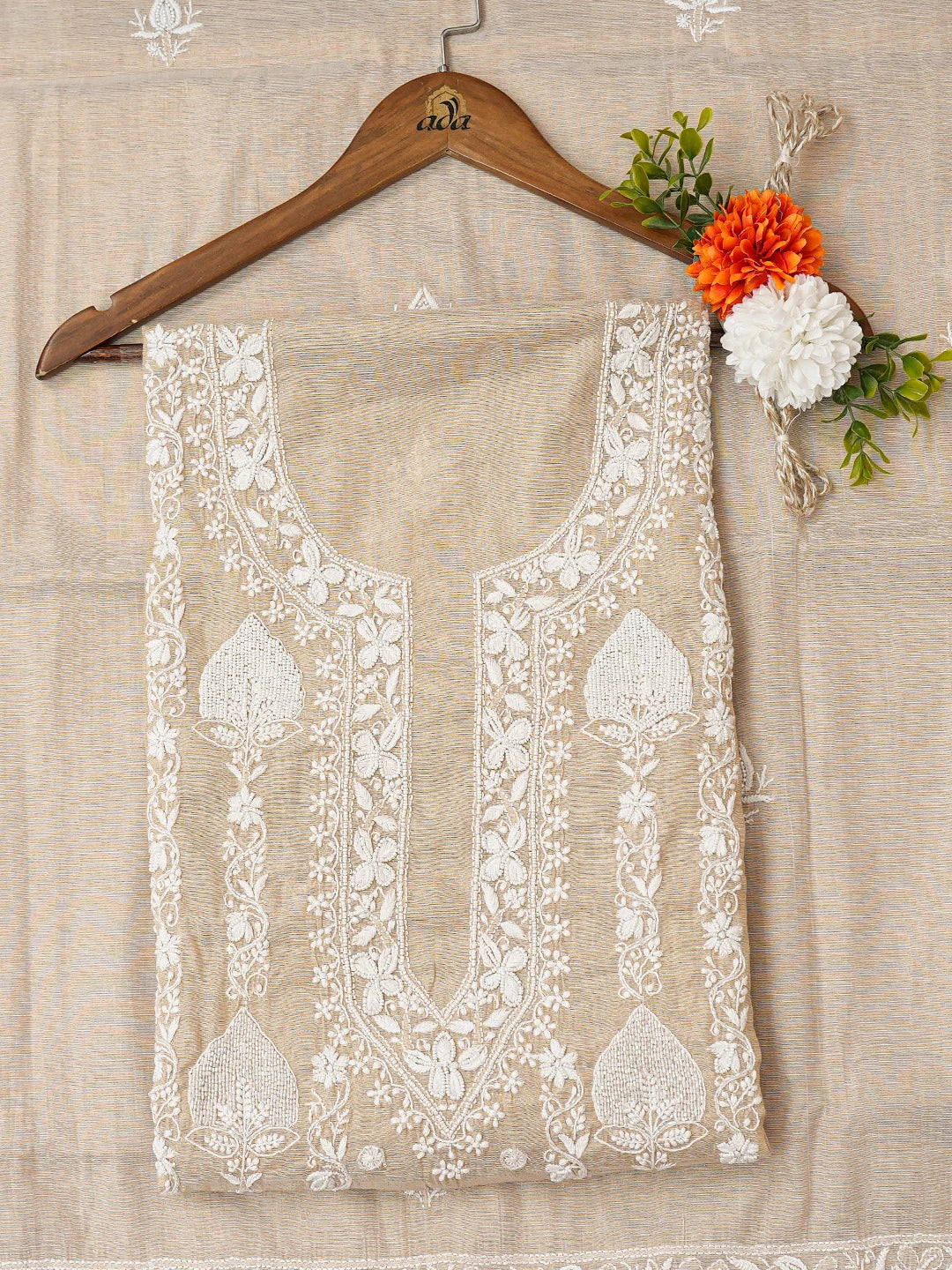 Ada Hand Embroidered Fawn Tissue Lucknowi Chikankari Unstitched Kurta Dupatta Set With Pearl Work 01A736989