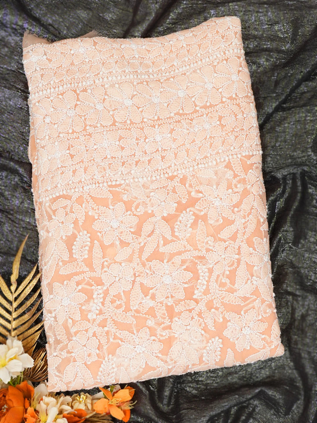 Ada Hand Embroidered Peach Georgette Lucknowi Chikankari Unstitched Kurta Piece 01A749988