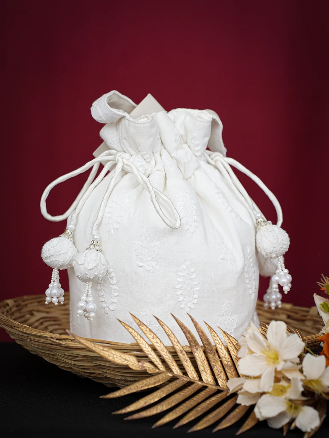 Ada Hand Embroidered White Cotton  Lucknowi Chikankari Potli Bag 01A712378