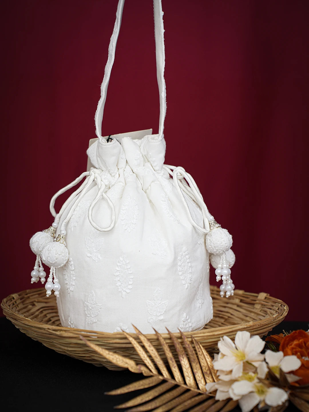 Ada Hand Embroidered White Cotton  Lucknowi Chikankari Potli Bag 01A712378