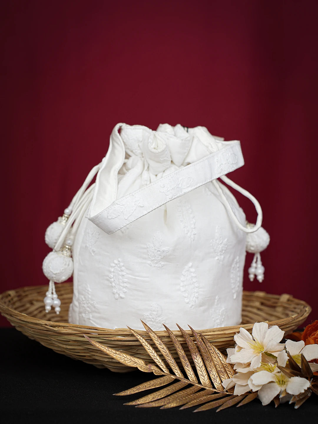 Ada Hand Embroidered White Cotton  Lucknowi Chikankari Potli Bag 01A712378