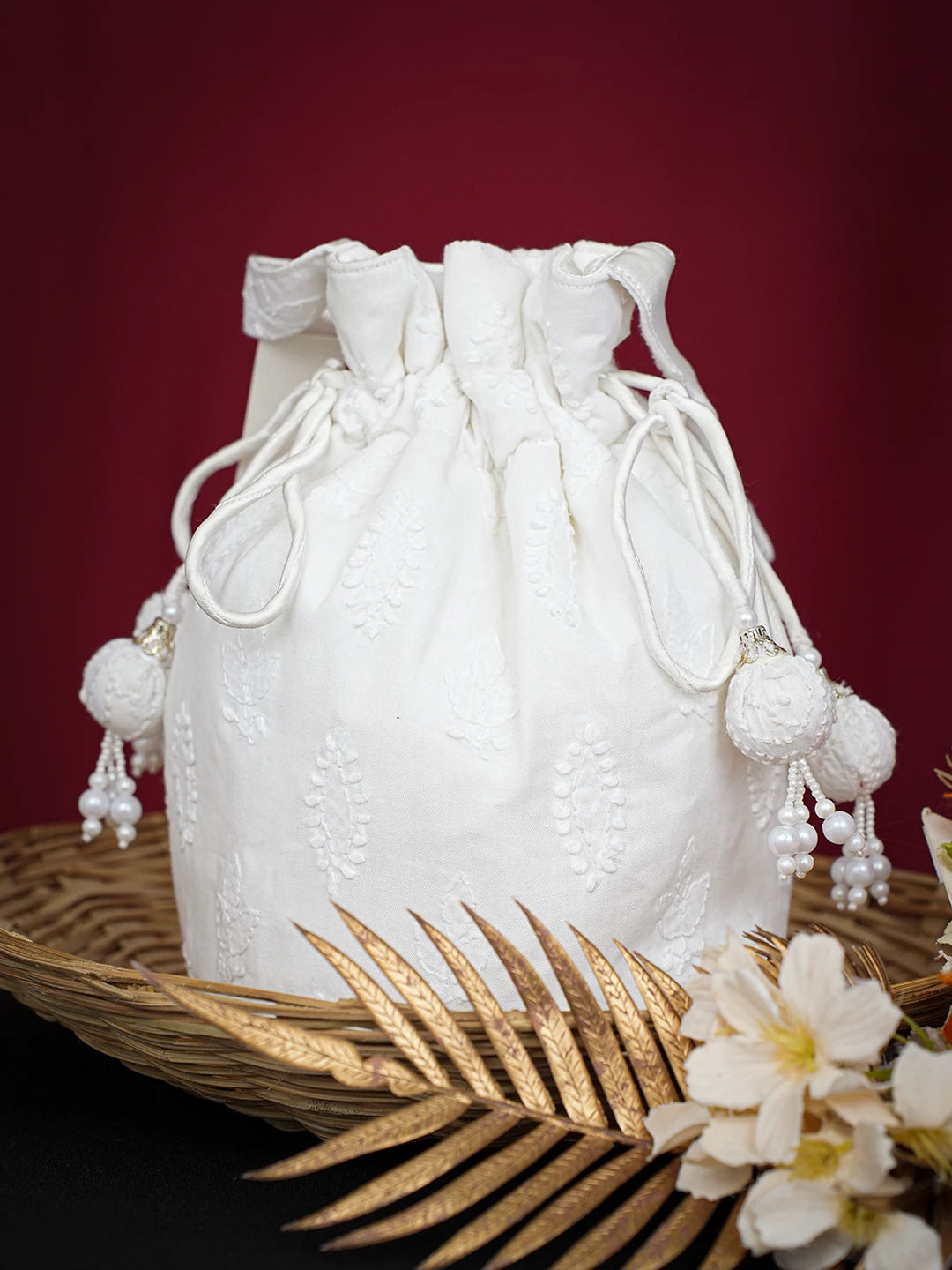 Ada Hand Embroidered White Cotton  Lucknowi Chikankari Potli Bag 01A712378