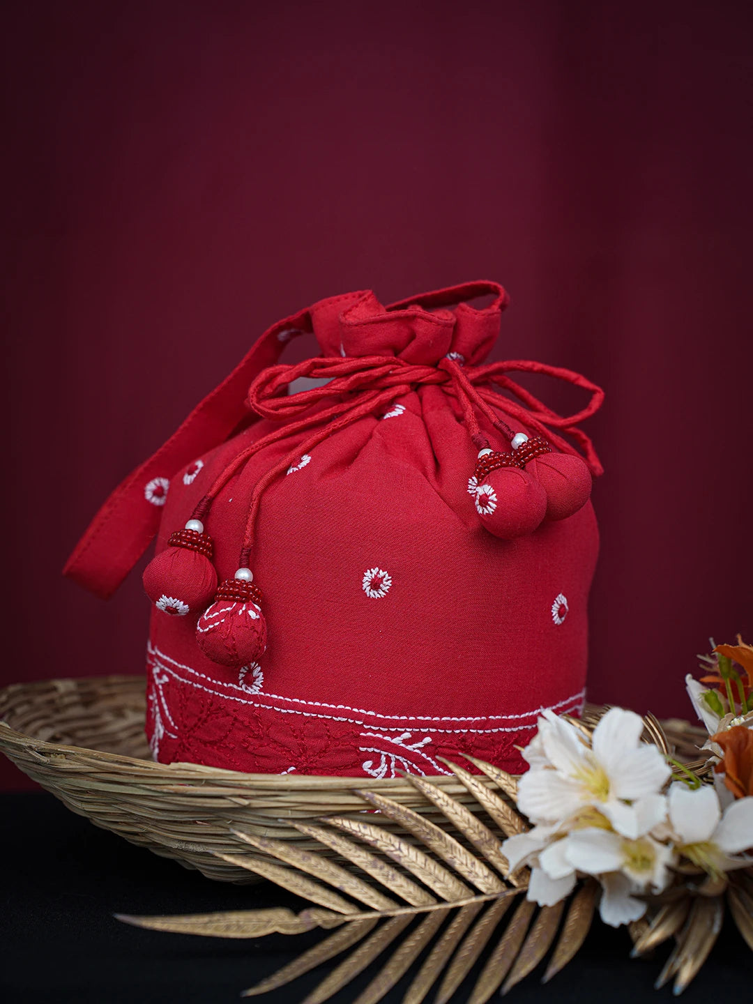 Ada Hand Embroidered Red Cotton Lucknowi Chikankari Potli Bag 01A748888