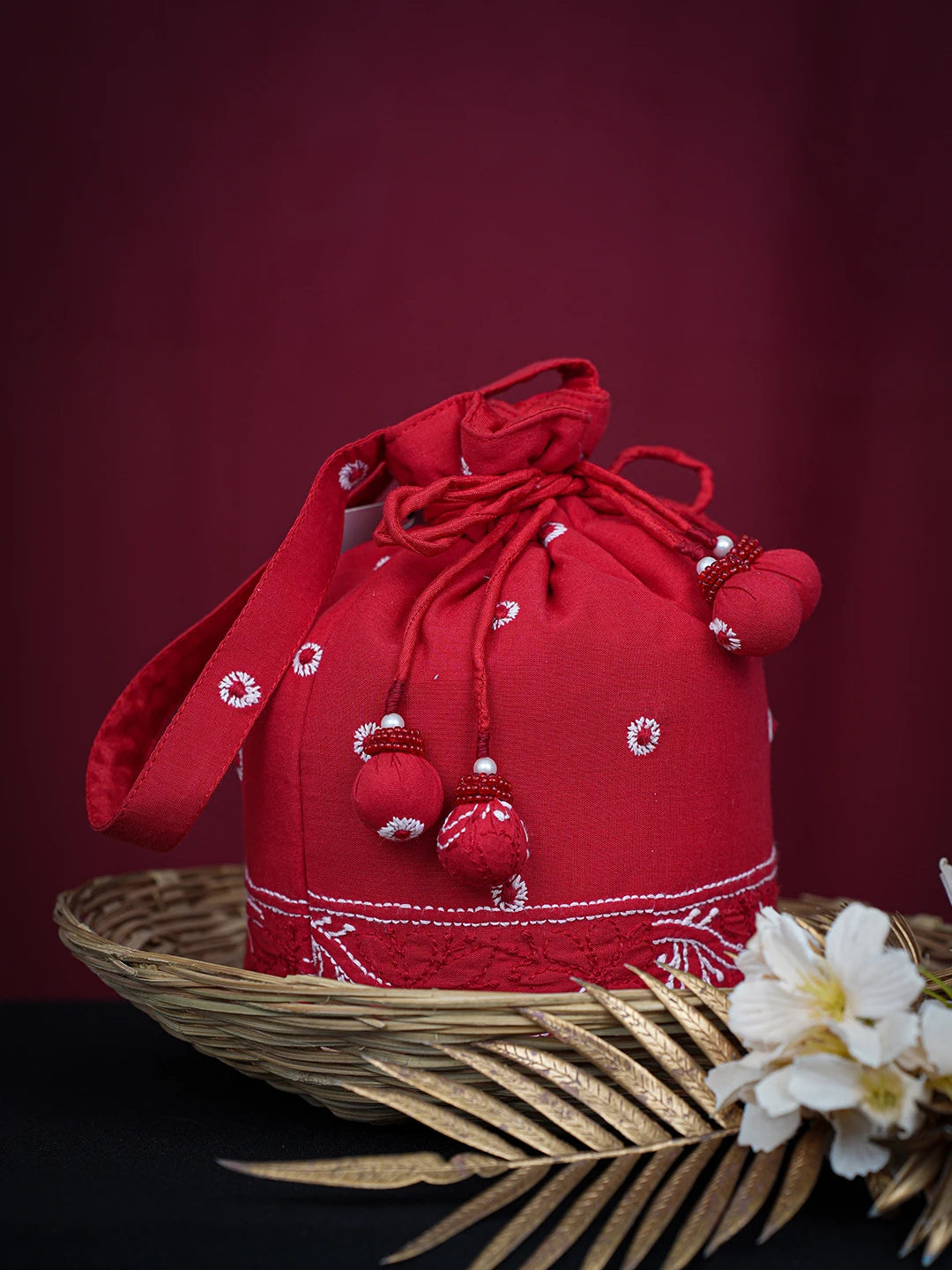 Ada Hand Embroidered Red Cotton Lucknowi Chikankari Potli Bag 01A748888