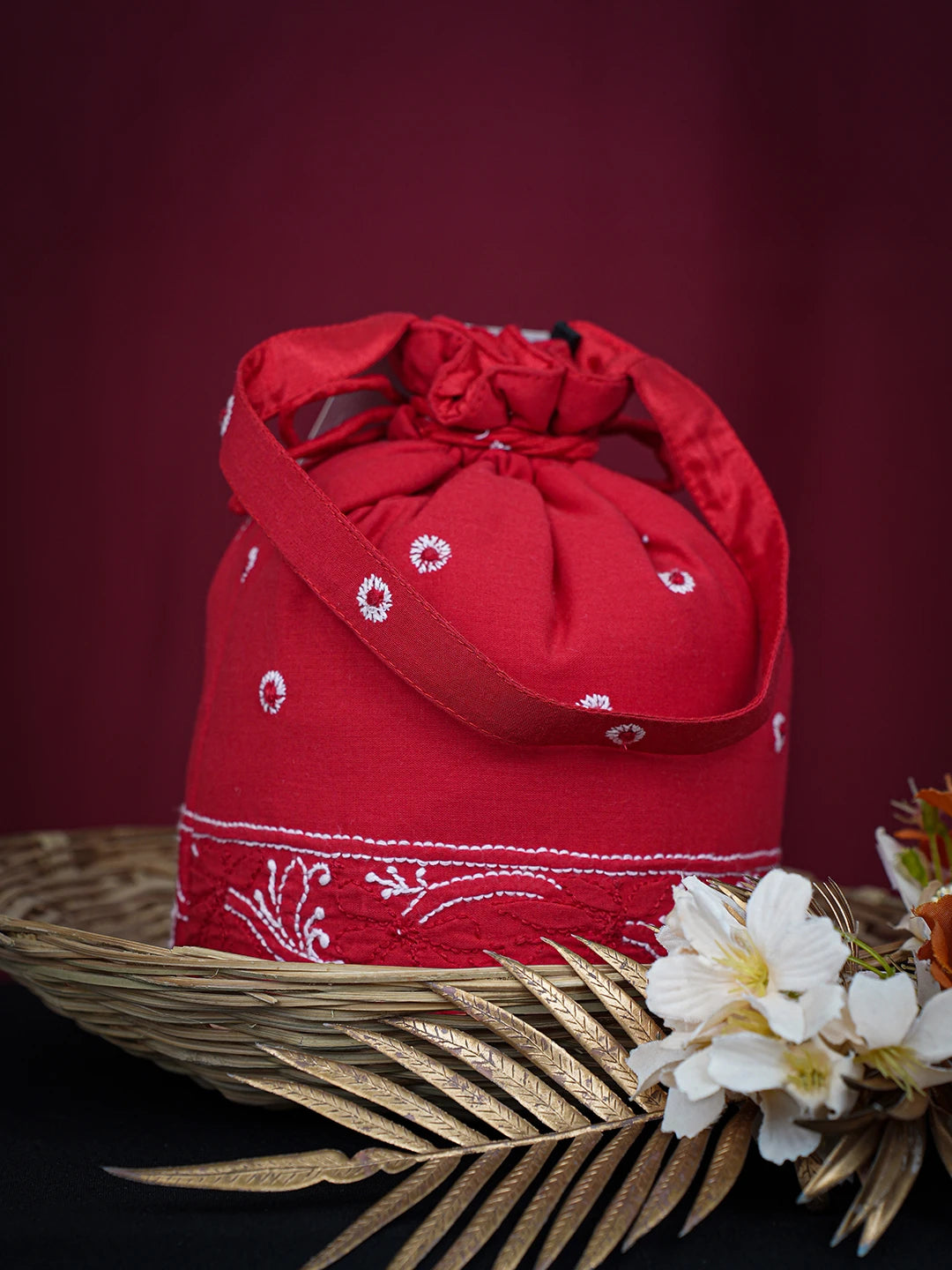 Ada Hand Embroidered Red Cotton Lucknowi Chikankari Potli Bag 01A748888