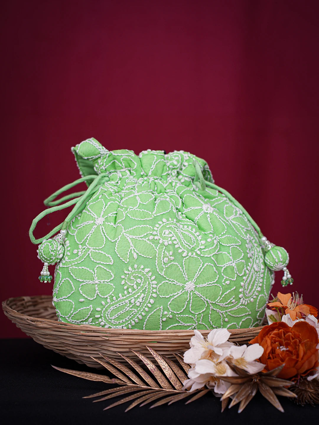 Ada Hand Embroidered Green Viscose Georgette Lucknowi Chikankari Potli Bag 01A728856