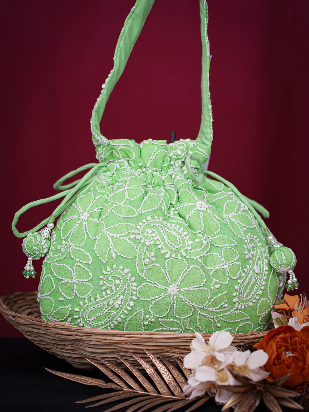 Ada Hand Embroidered Green Viscose Georgette Lucknowi Chikankari Potli Bag 01A728856