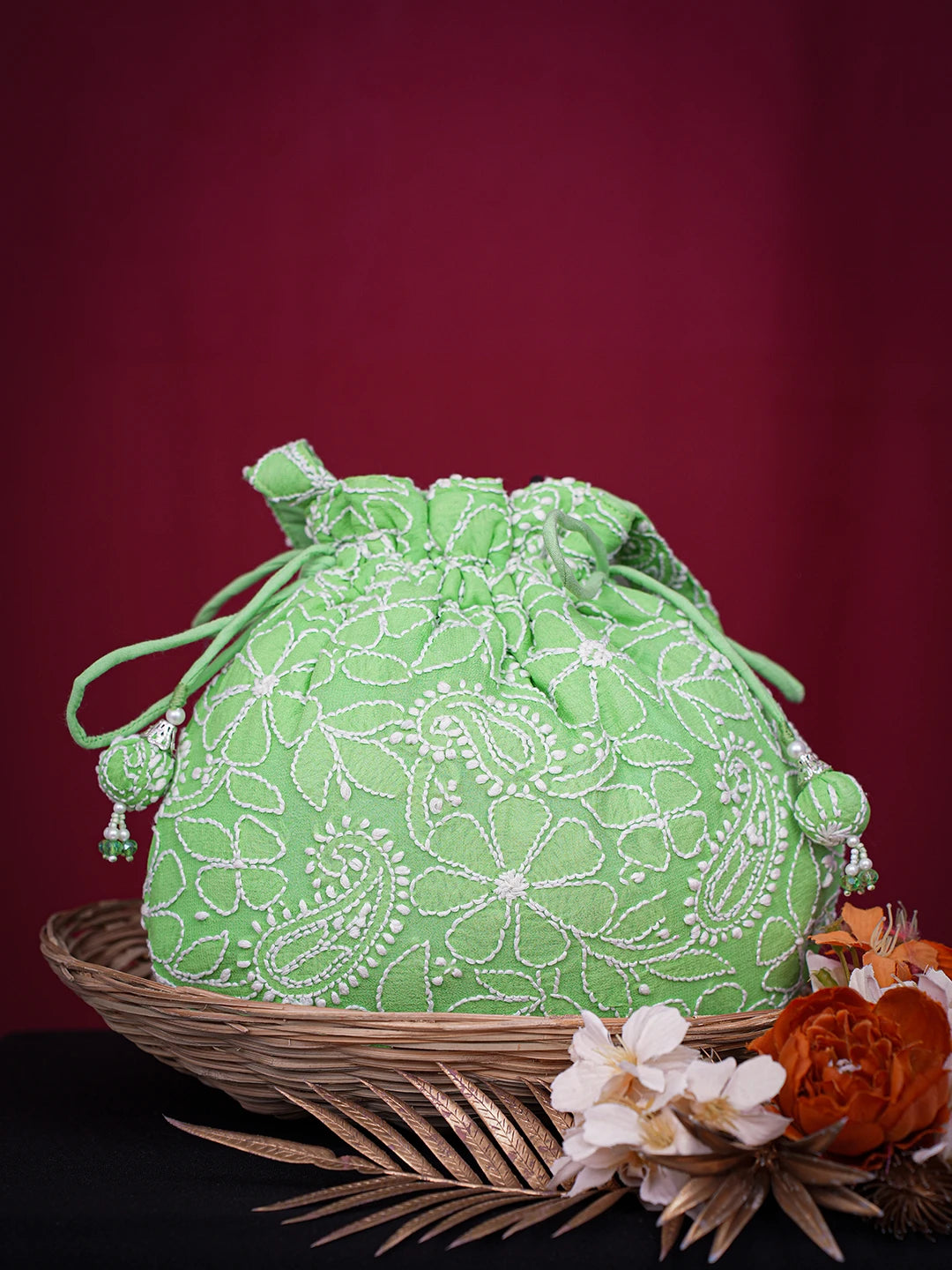 Ada Hand Embroidered Green Viscose Georgette Lucknowi Chikankari Potli Bag 01A728856