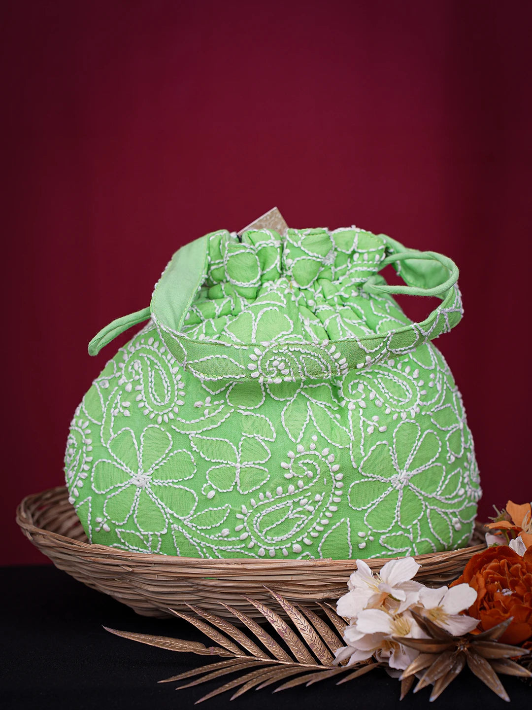 Ada Hand Embroidered Green Viscose Georgette Lucknowi Chikankari Potli Bag 01A728856