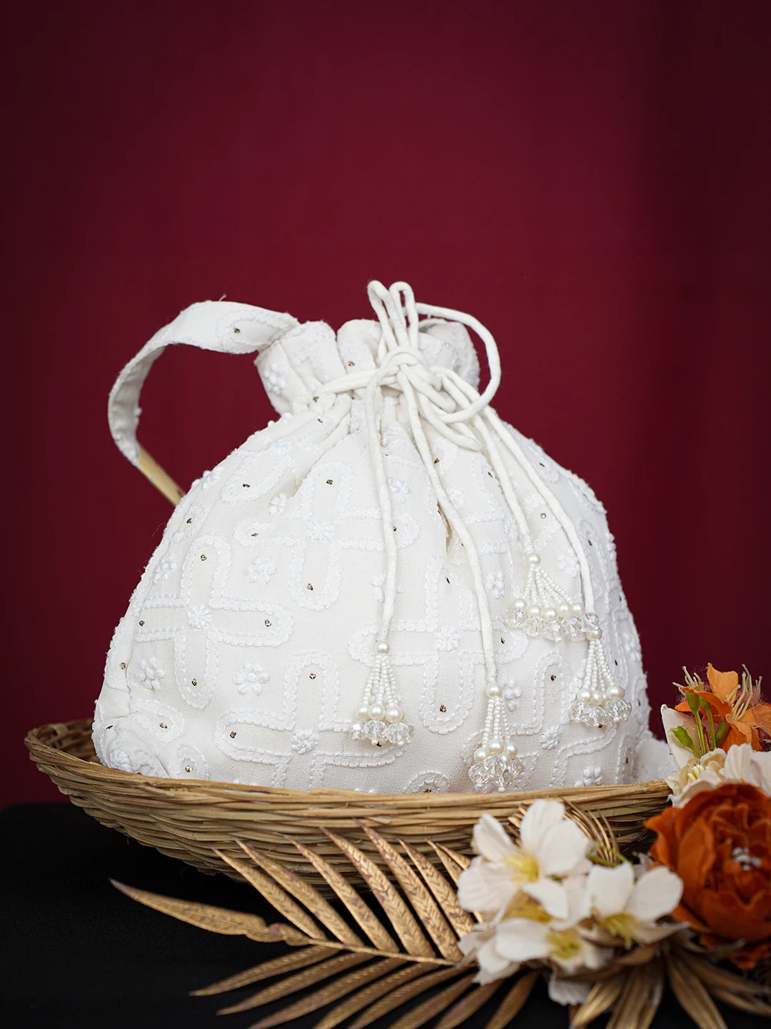 Ada Hand Embroidered White Pure Georgette Lucknowi Chikankari Potli Bag With Muqaish Work 01A726984