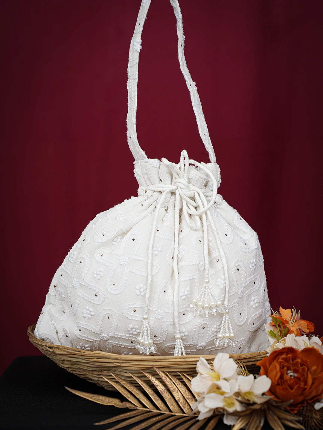 Ada Hand Embroidered White Pure Georgette Lucknowi Chikankari Potli Bag With Muqaish Work 01A726984
