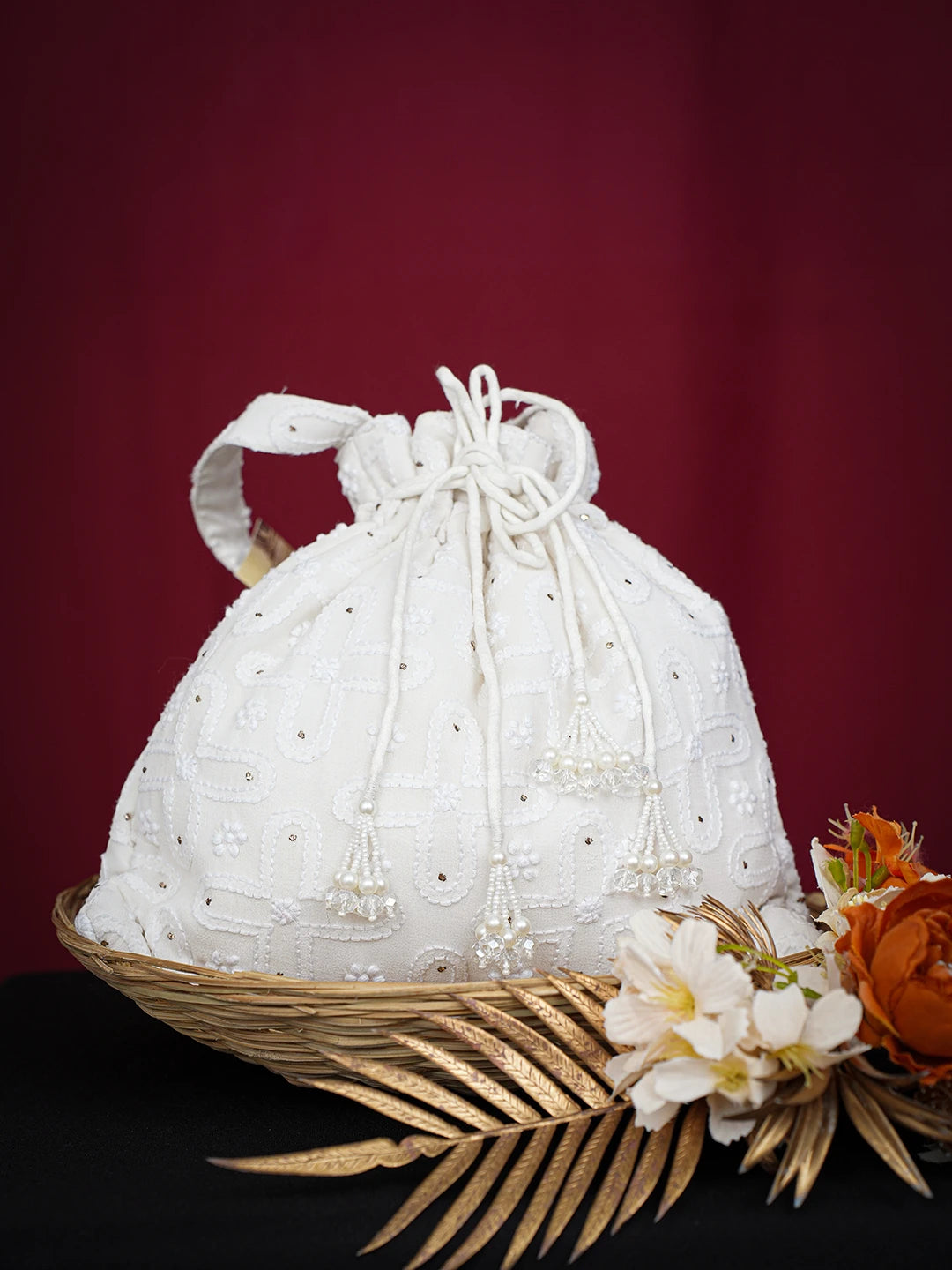 Ada Hand Embroidered White Pure Georgette Lucknowi Chikankari Potli Bag With Muqaish Work 01A726984