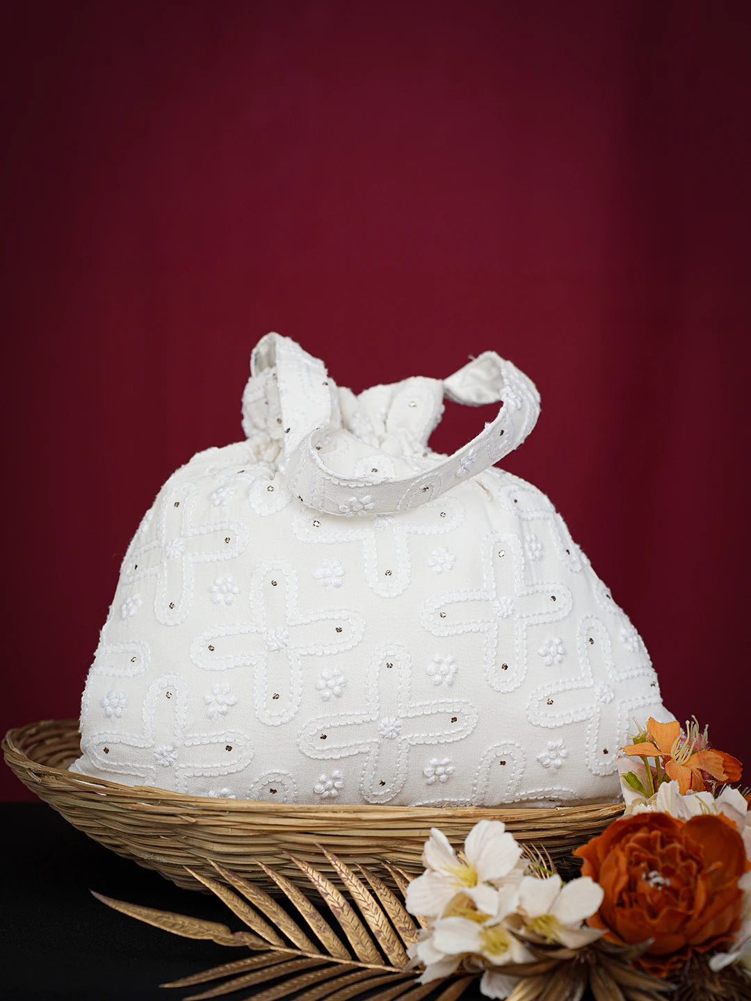 Ada Hand Embroidered White Pure Georgette Lucknowi Chikankari Potli Bag With Muqaish Work 01A726984