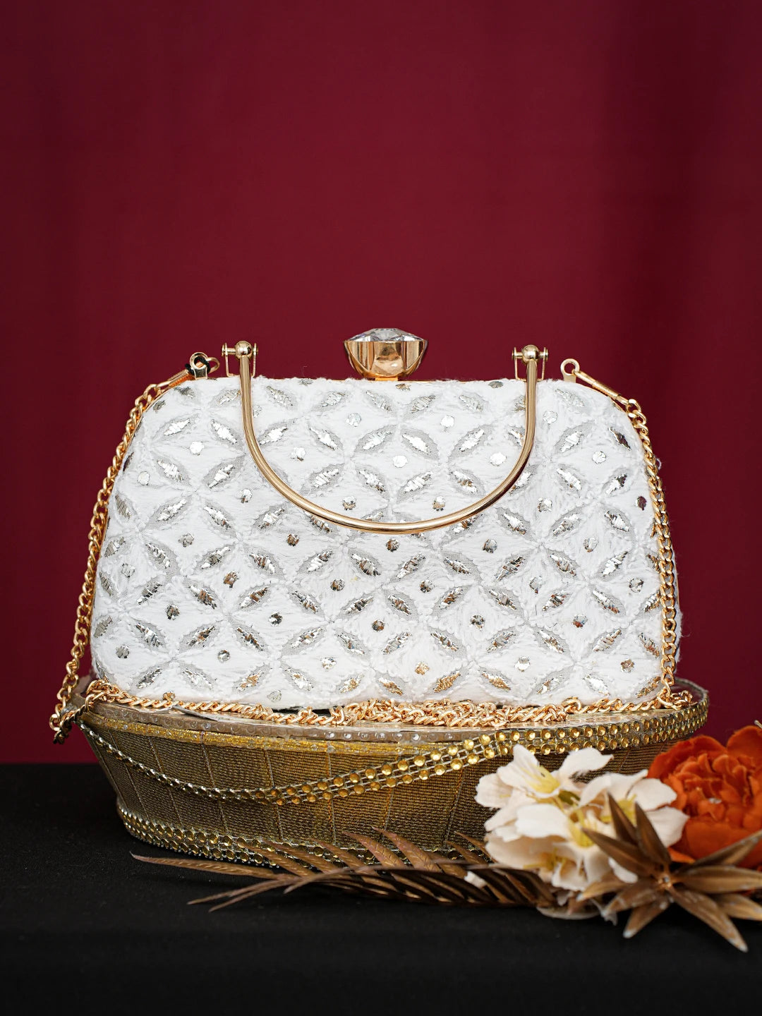 Ada Hand Embroidered White Viscose Georgette Lucknowi Chikankari Clutch With Mukaish Work 01A751069