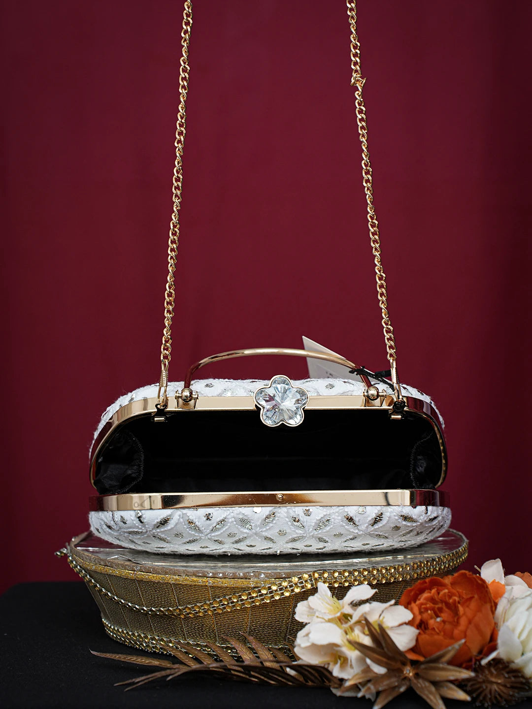 Ada Hand Embroidered White Viscose Georgette Lucknowi Chikankari Clutch With Mukaish Work 01A751069