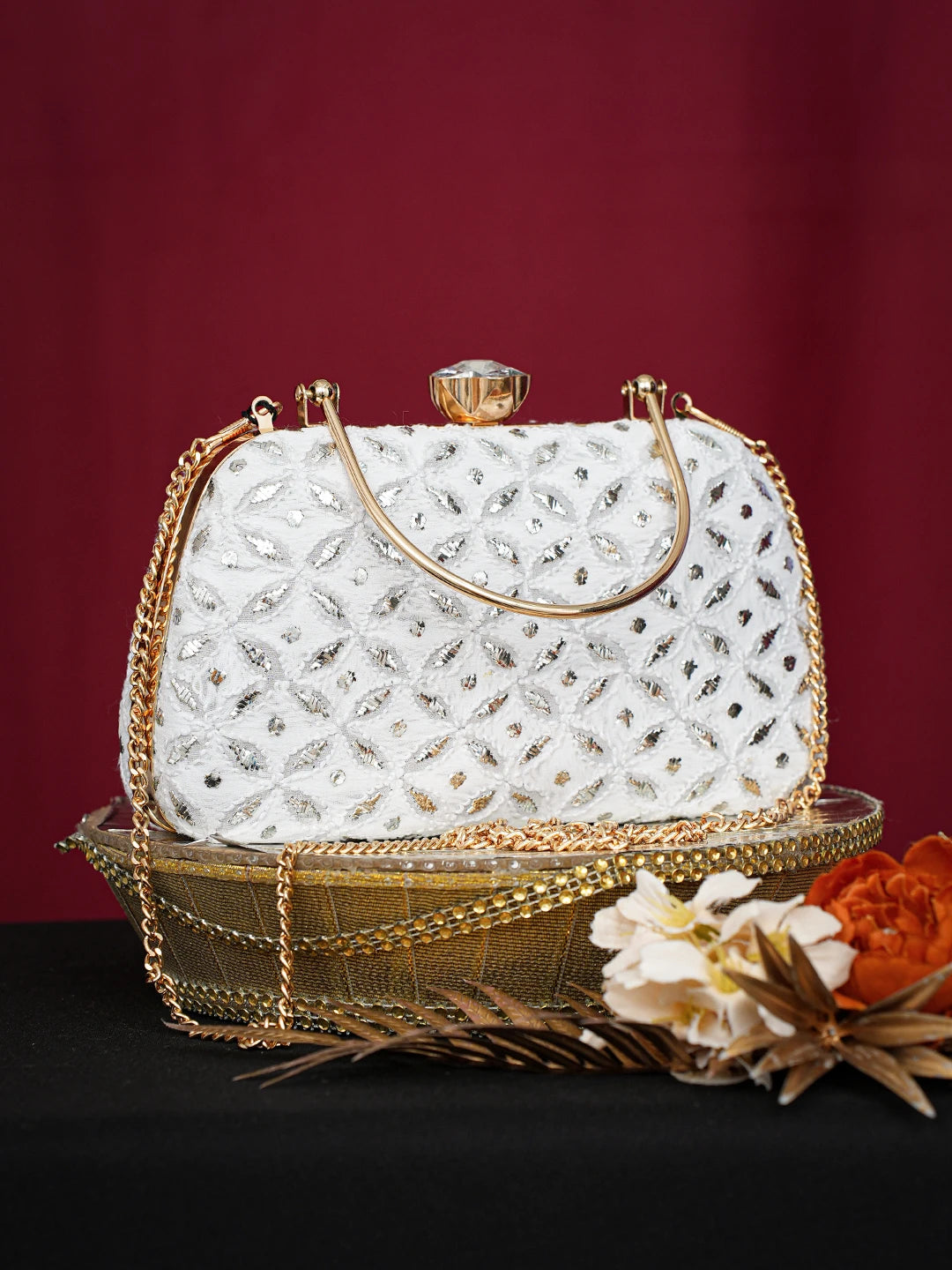 Ada Hand Embroidered White Viscose Georgette Lucknowi Chikankari Clutch With Mukaish Work 01A751069