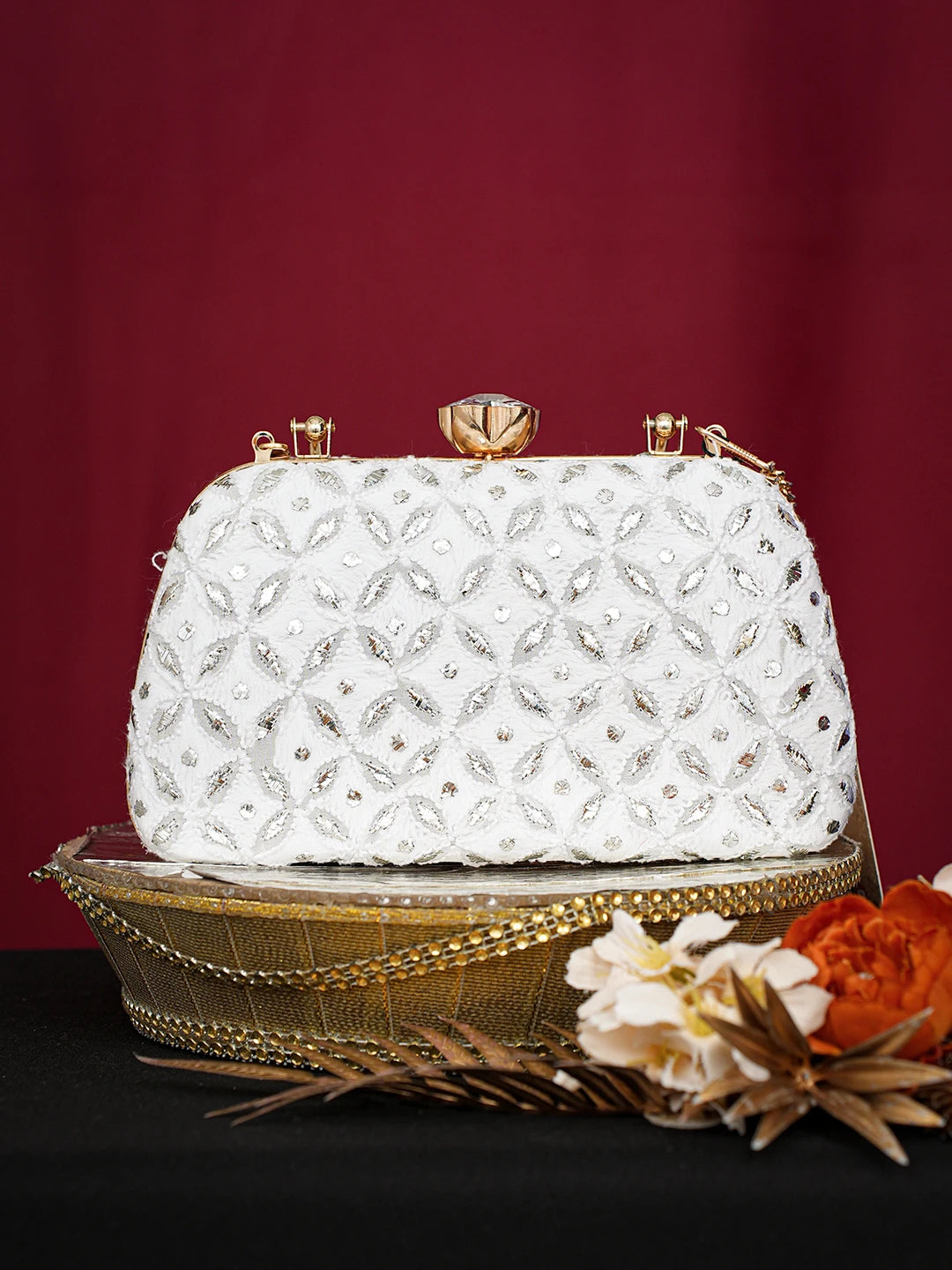 Ada Hand Embroidered White Viscose Georgette Lucknowi Chikankari Clutch With Mukaish Work 01A751069