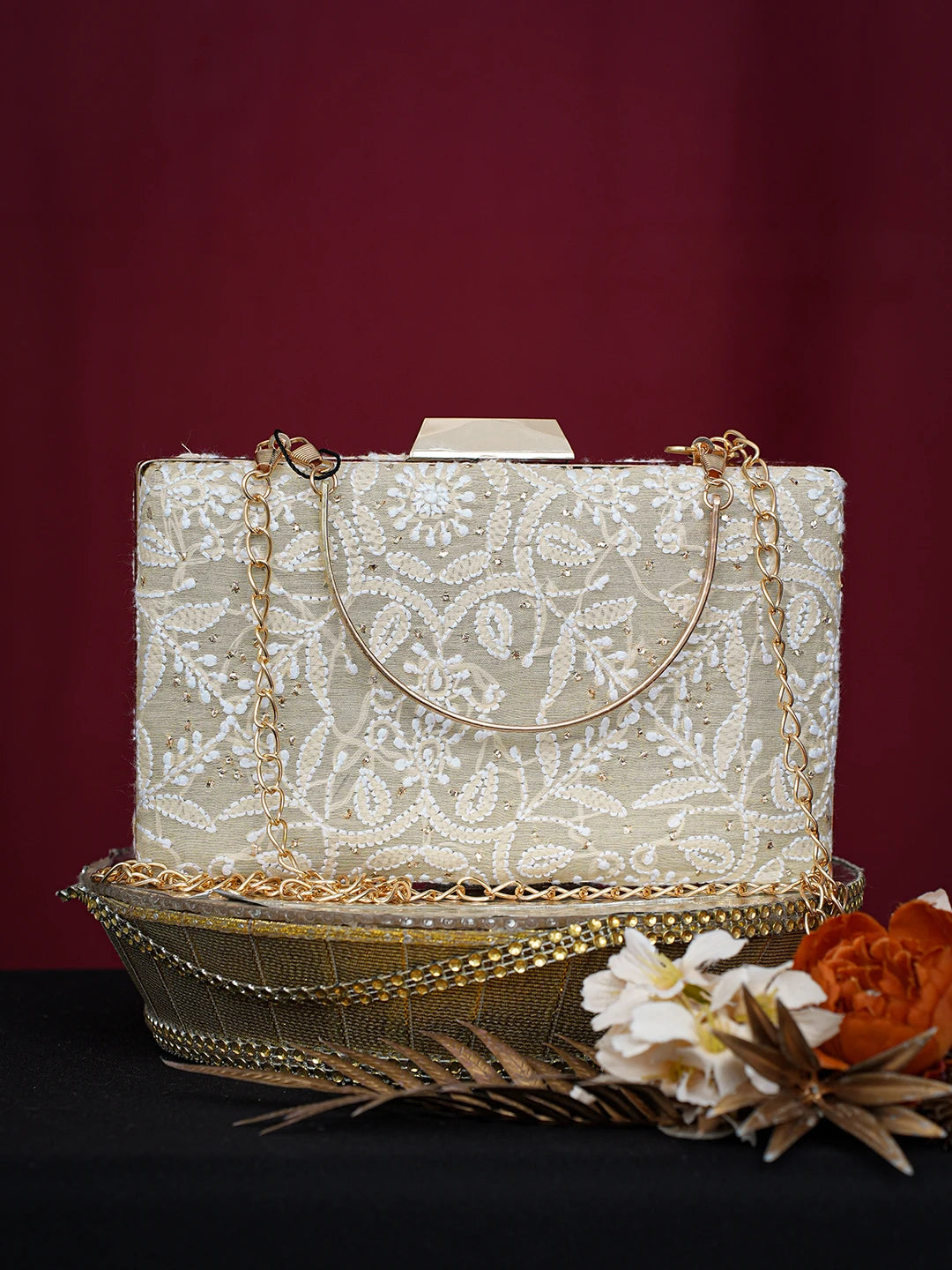 Ada Hand Embroidered Fawn Silk Lucknowi Chikankari Clutch With Mukaish Work 01A758998