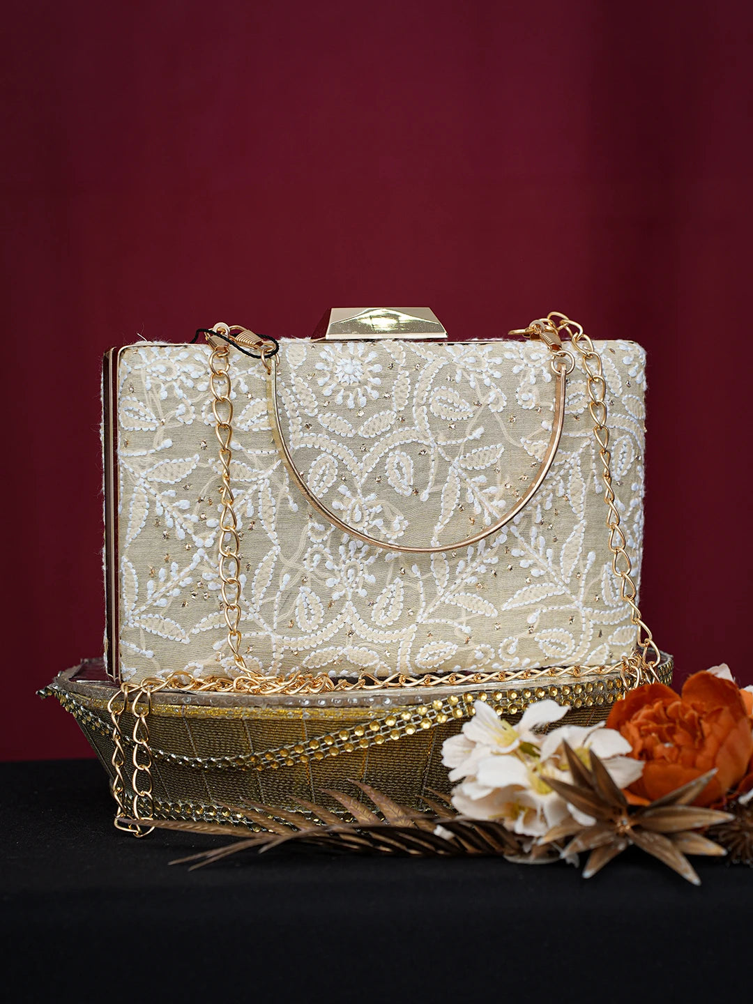 Ada Hand Embroidered Fawn Silk Lucknowi Chikankari Clutch With Mukaish Work 01A758998