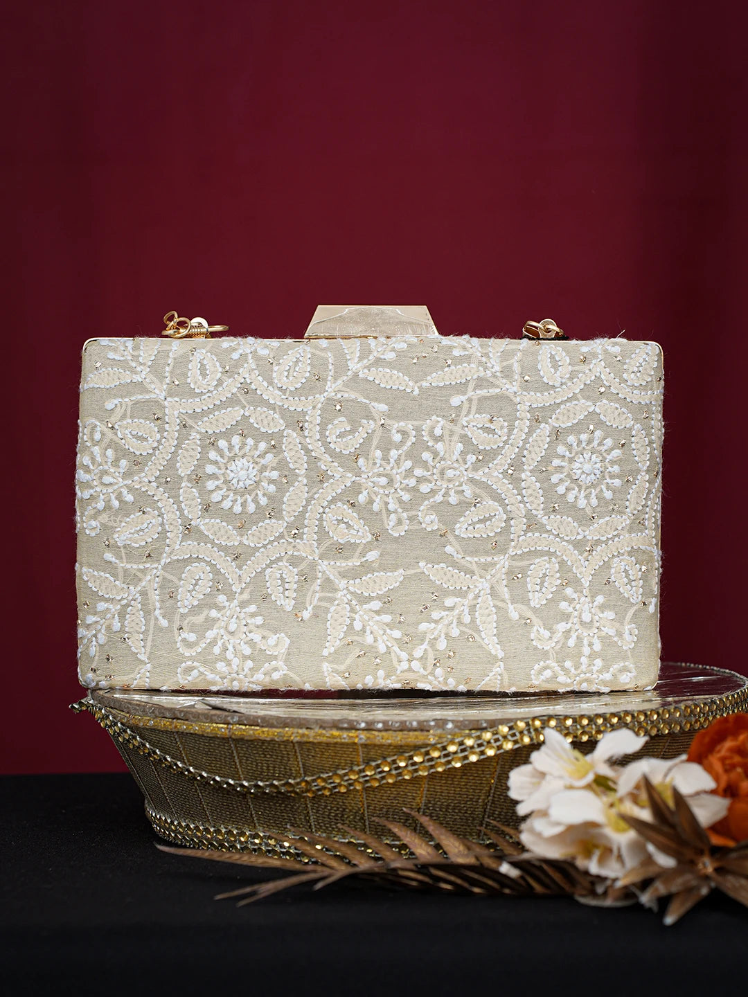 Ada Hand Embroidered Fawn Silk Lucknowi Chikankari Clutch With Mukaish Work 01A758998
