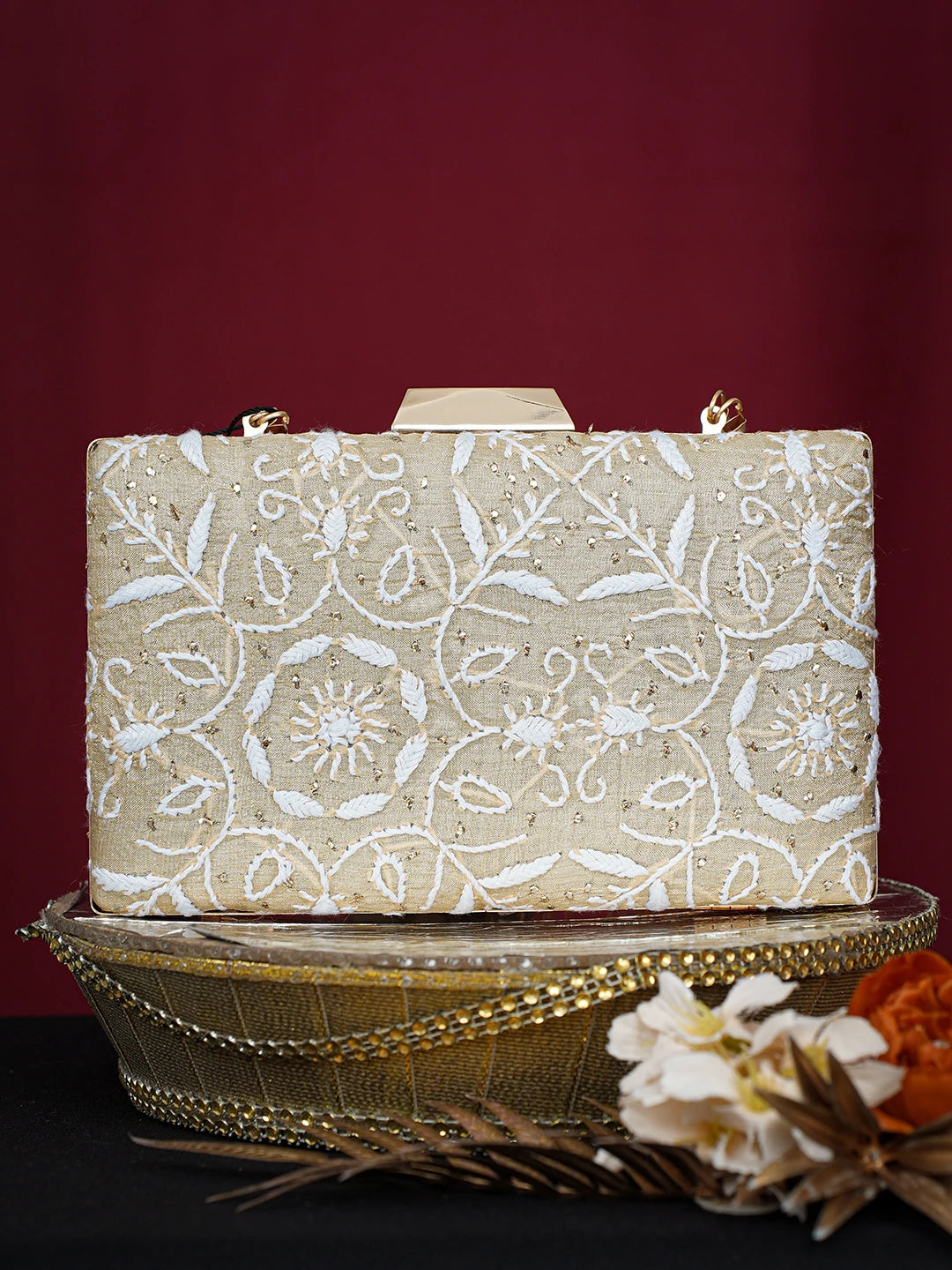 Ada Hand Embroidered Fawn Silk Lucknowi Chikankari Clutch With Mukaish Work 01A758959