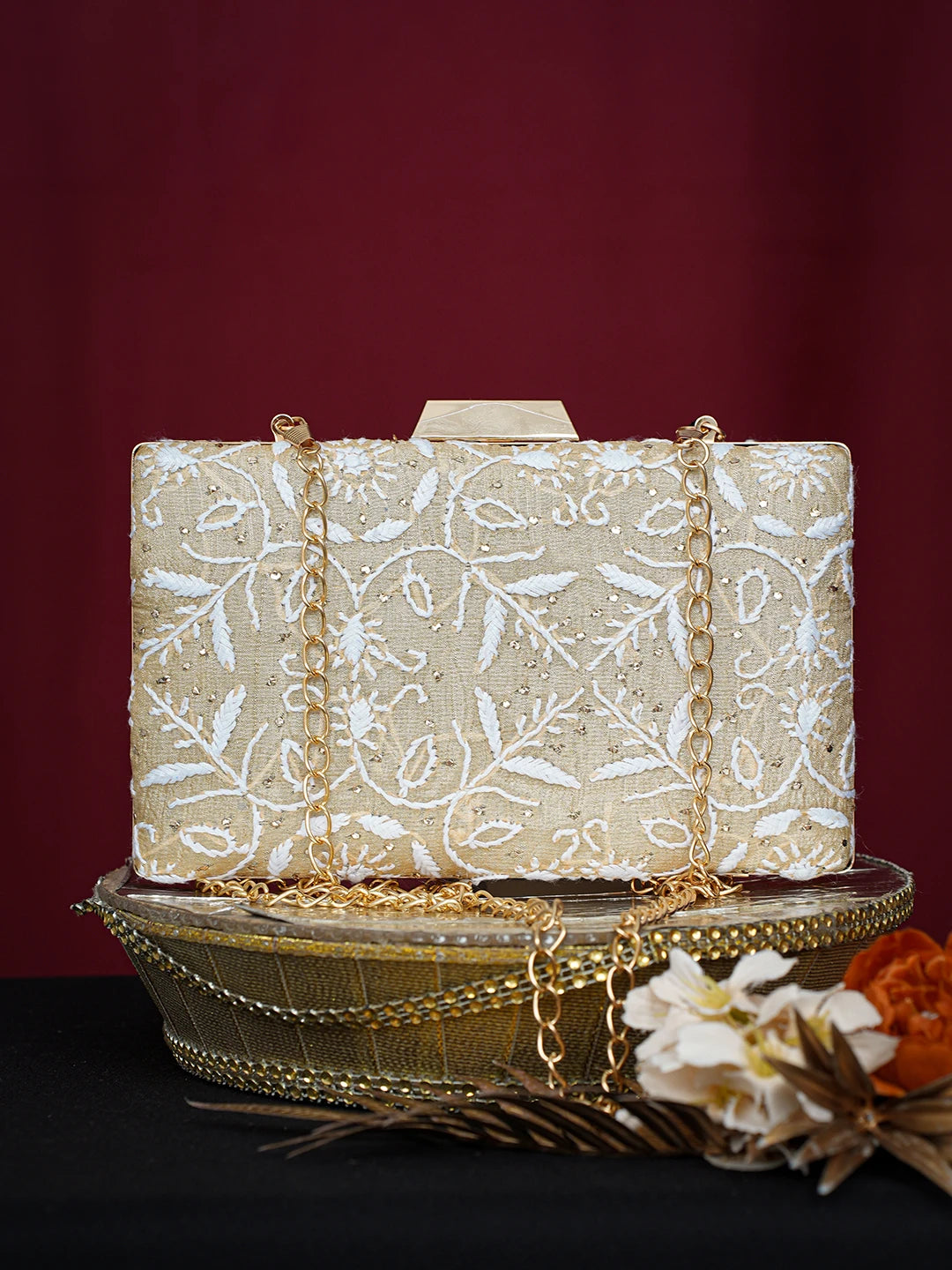 Ada Hand Embroidered Fawn Silk Lucknowi Chikankari Clutch With Mukaish Work 01A758959