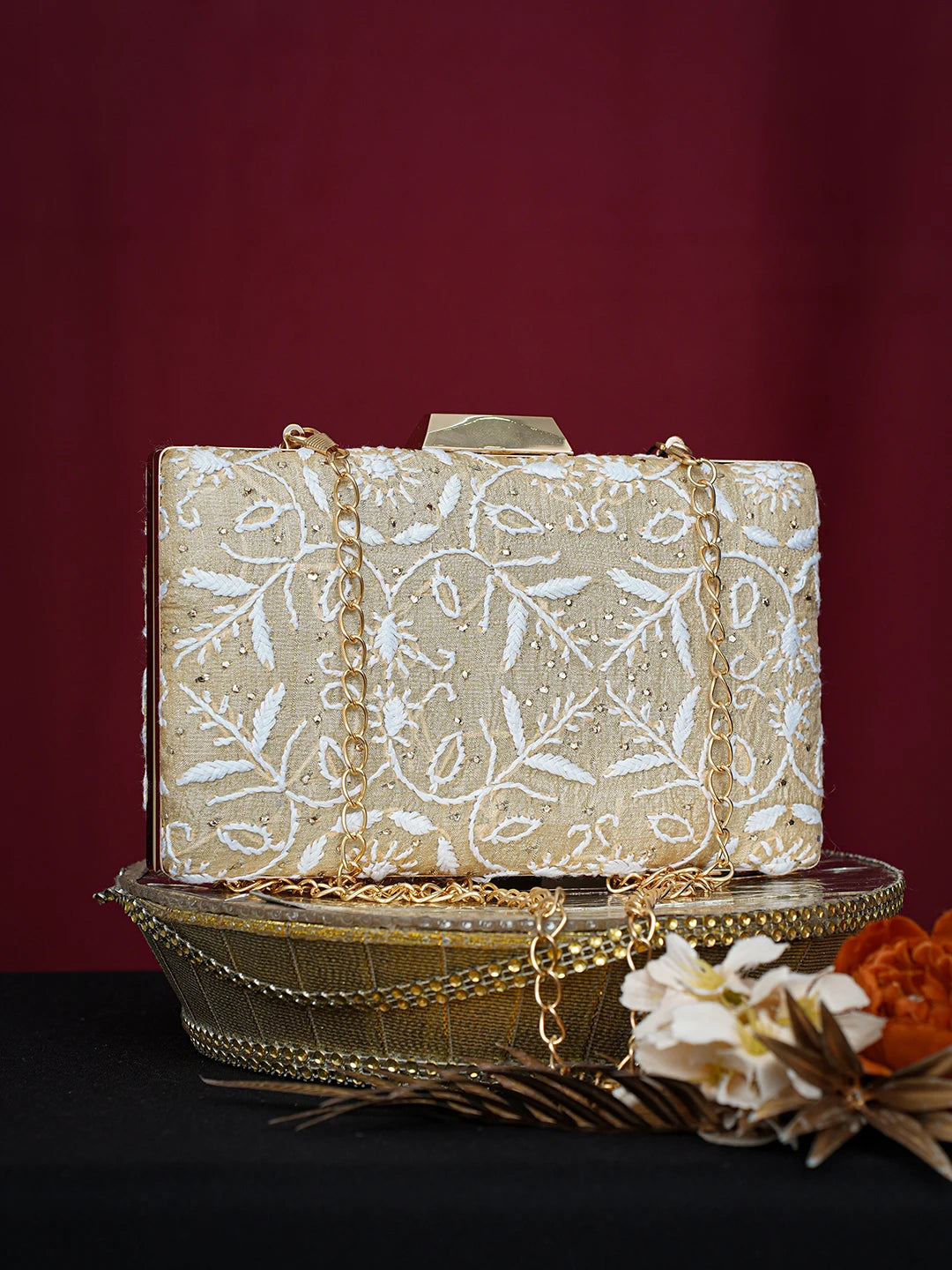 Ada Hand Embroidered Fawn Silk Lucknowi Chikankari Clutch With Mukaish Work 01A758959