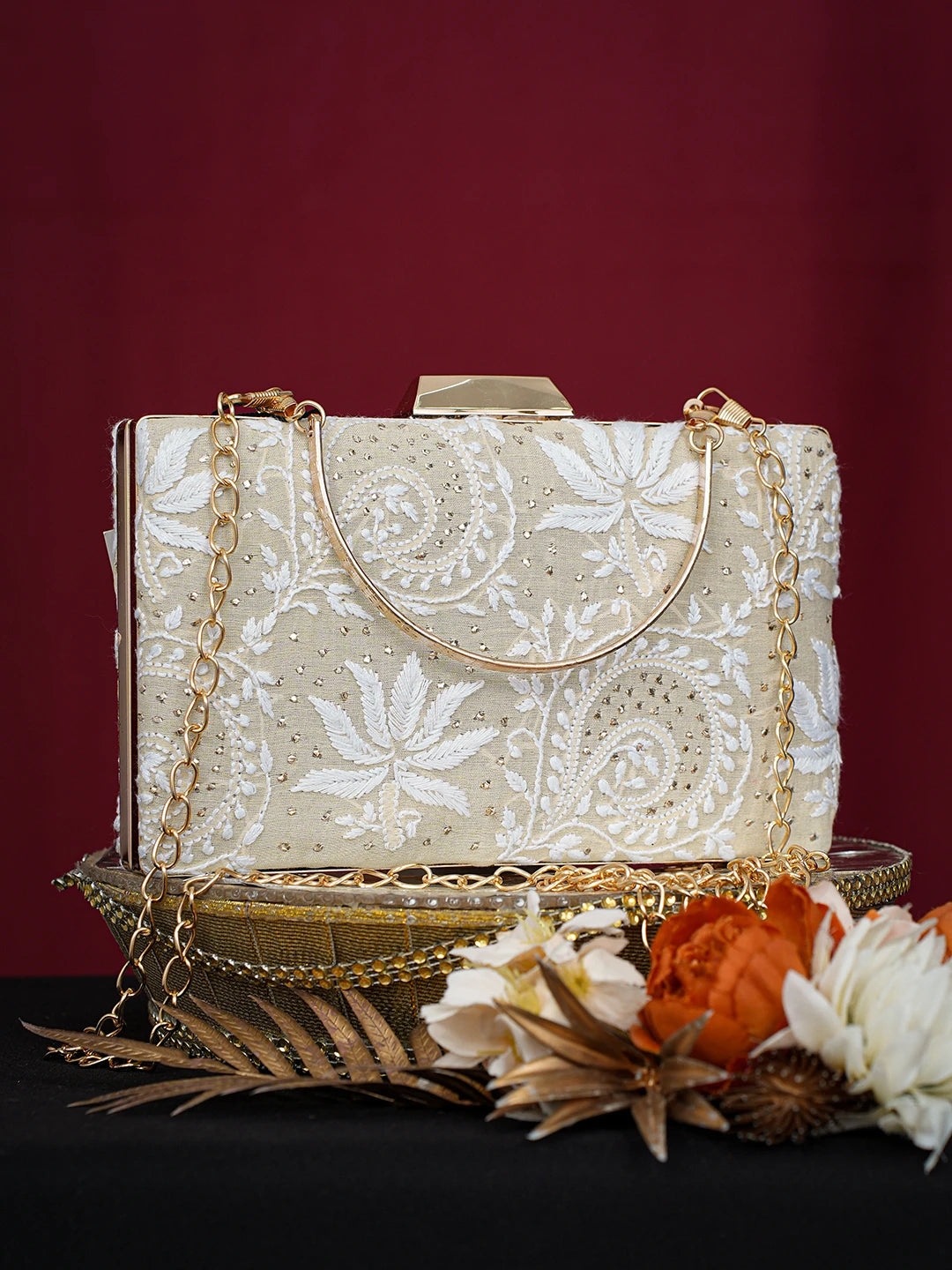 Ada Hand Embroidered Fawn Silk Lucknowi Chikankari Clutch With Muqaish Work 01A758961