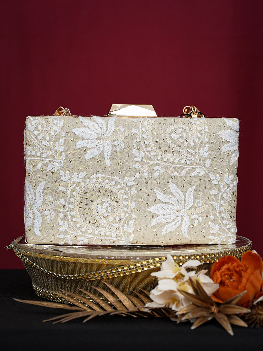 Ada Hand Embroidered Fawn Silk Lucknowi Chikankari Clutch With Muqaish Work 01A758961