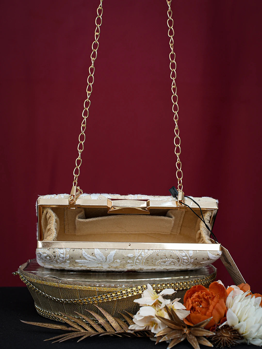 Ada Hand Embroidered Fawn Silk Lucknowi Chikankari Clutch With Muqaish Work 01A758961