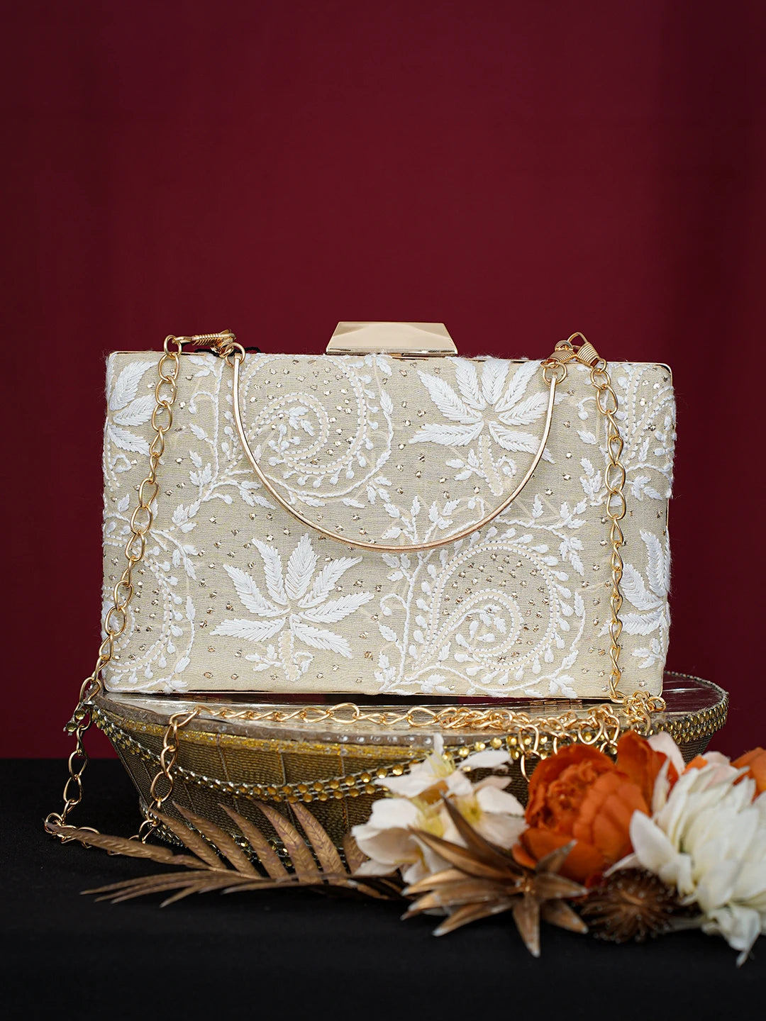 Ada Hand Embroidered Fawn Silk Lucknowi Chikankari Clutch With Muqaish Work 01A758961