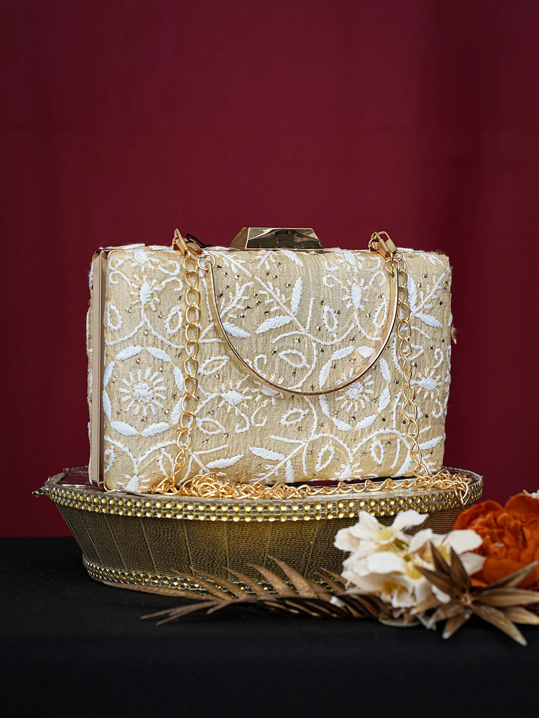 Ada Hand Embroidered Fawn Silk Lucknowi Chikankari Clutch With Muqaish Work 01A758971