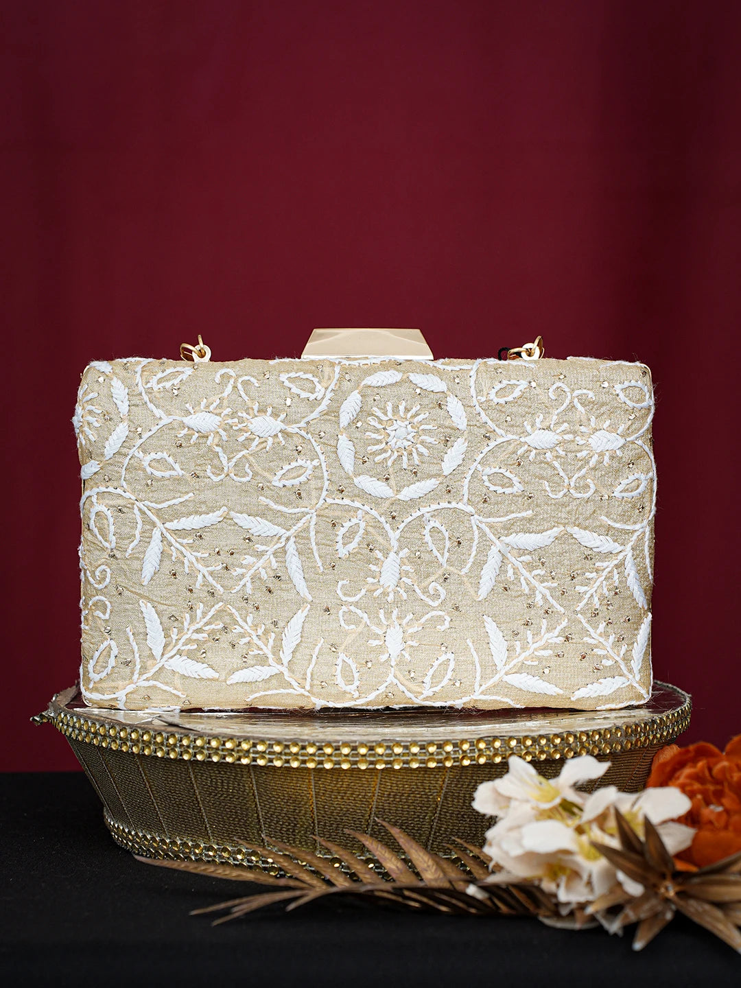 Ada Hand Embroidered Fawn Silk Lucknowi Chikankari Clutch With Muqaish Work 01A758971