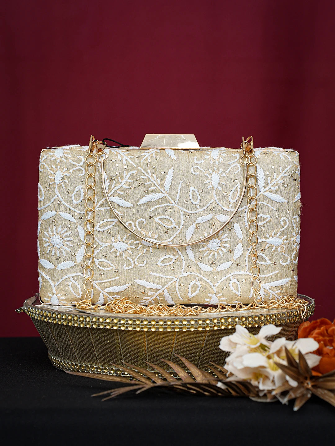 Ada Hand Embroidered Fawn Silk Lucknowi Chikankari Clutch With Muqaish Work 01A758971