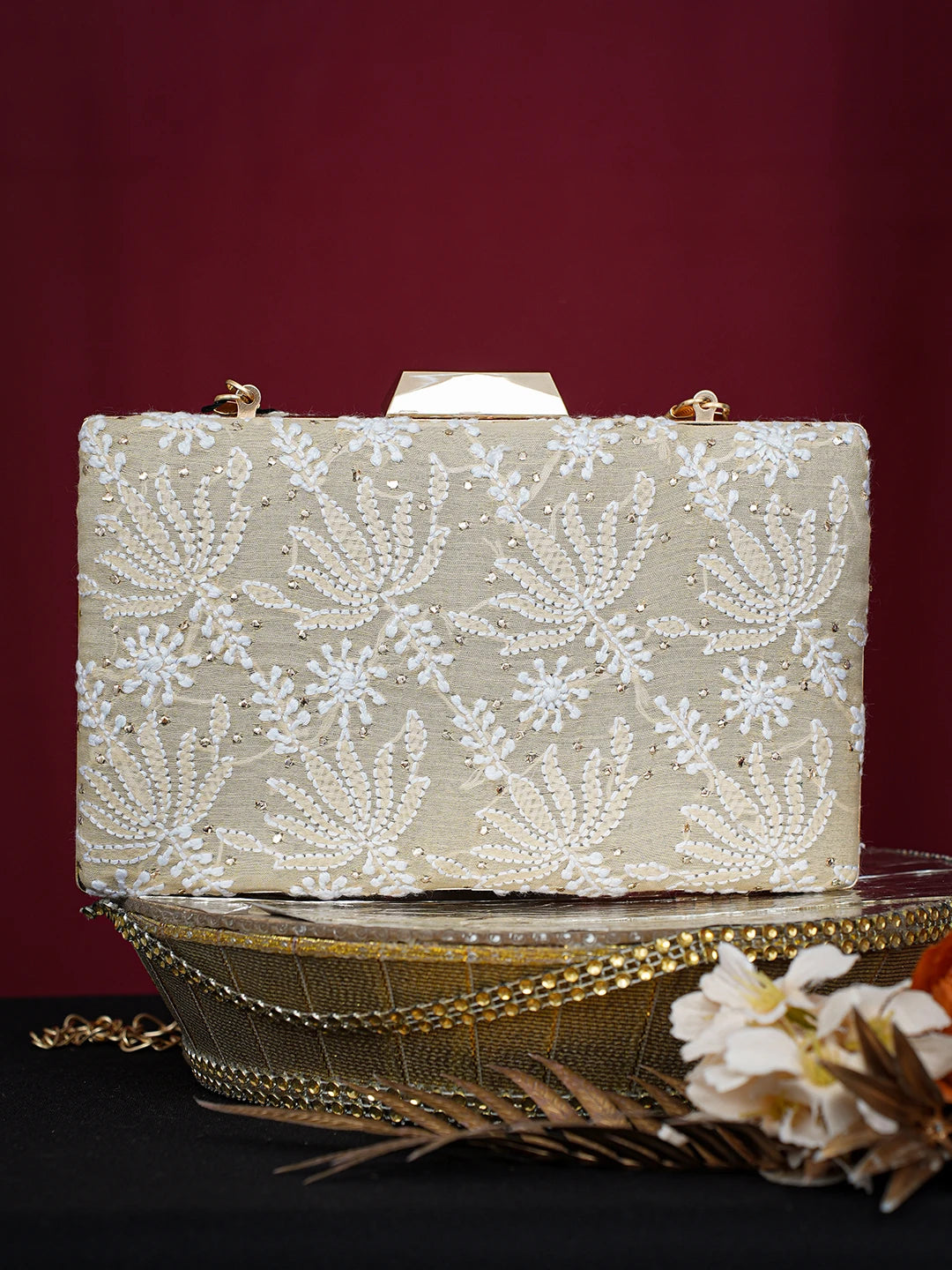 Ada Hand Embroidered Fawn Silk Lucknowi Chikankari Clutch With Mukaish Work 01A758972