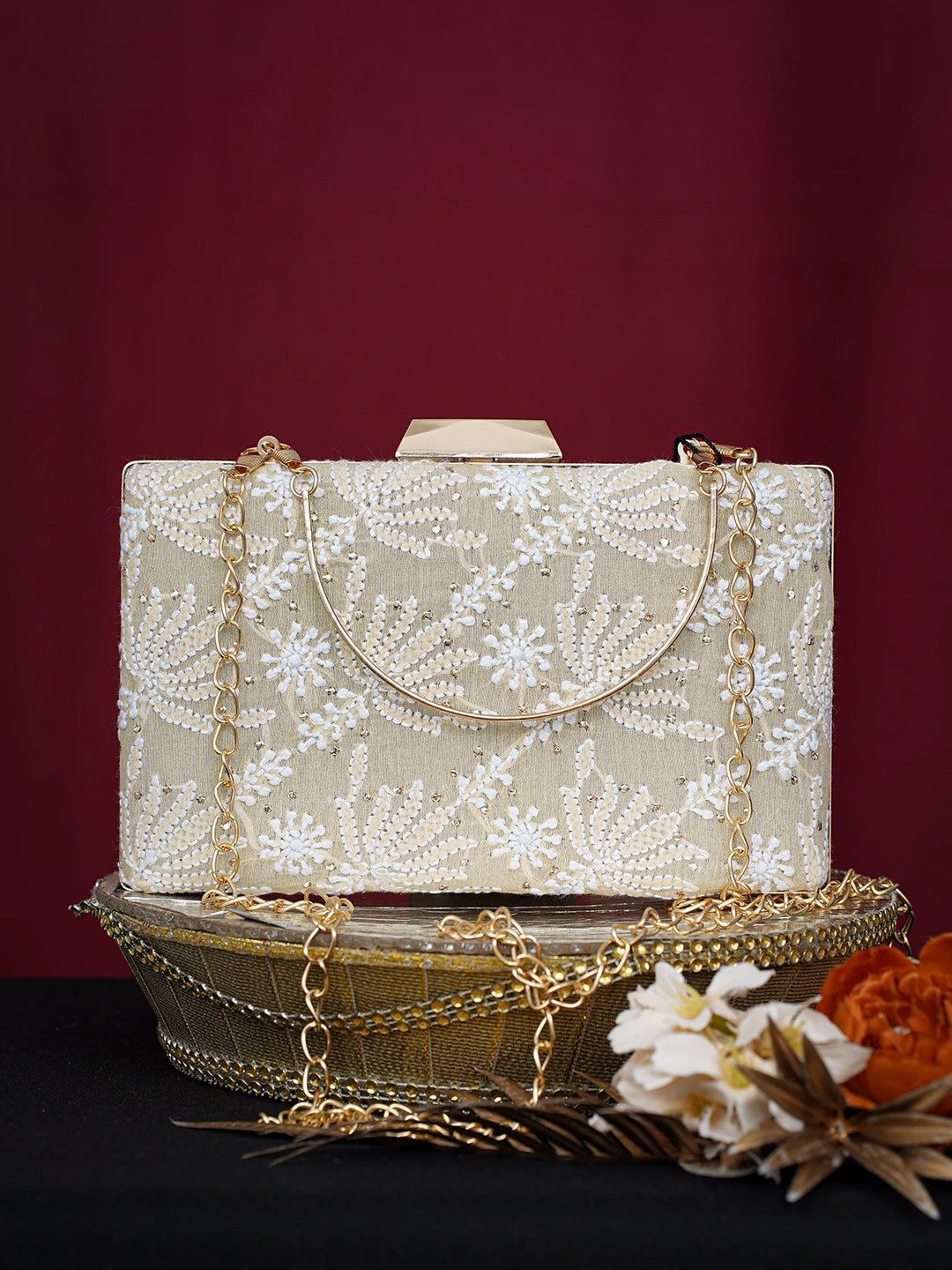 Ada Hand Embroidered Fawn Silk Lucknowi Chikankari Clutch With Mukaish Work 01A758972