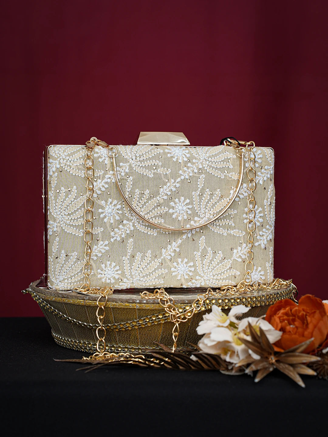 Ada Hand Embroidered Fawn Silk Lucknowi Chikankari Clutch With Mukaish Work 01A758972