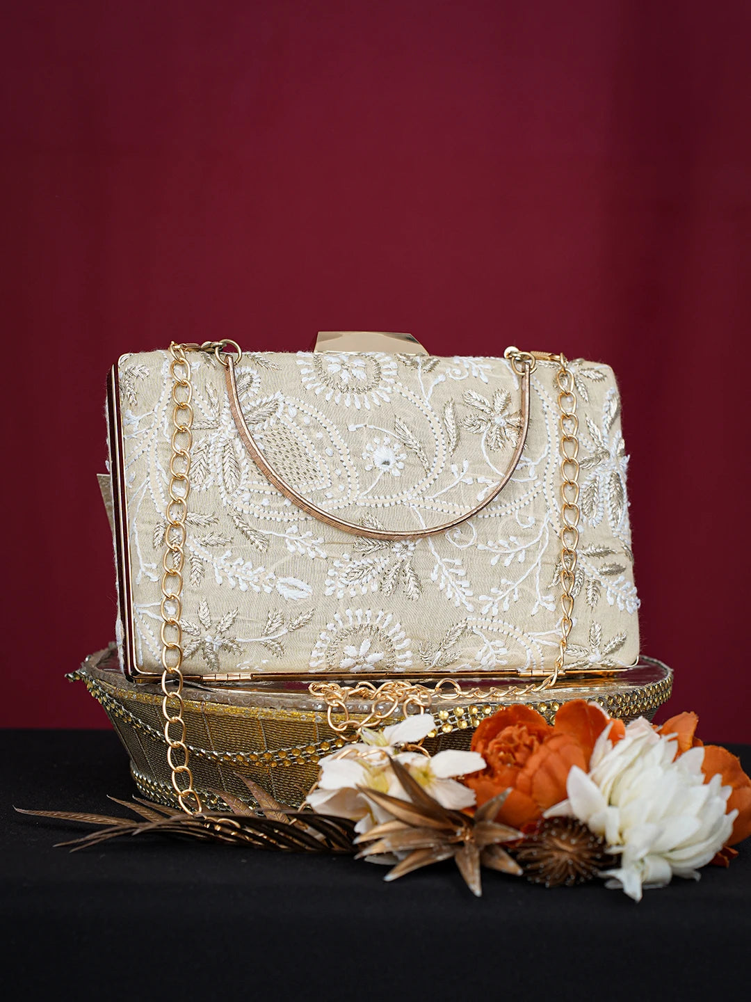 Ada Hand Embroidered Fawn Silk Lucknowi Chikankari Clutch With Golden Zari Taar Work 01A758960