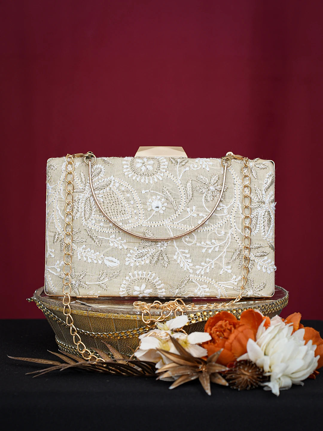 Ada Hand Embroidered Fawn Silk Lucknowi Chikankari Clutch With Golden Zari Taar Work 01A758960