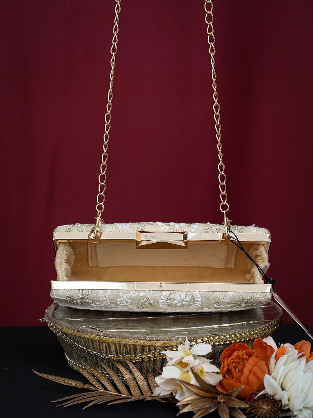 Ada Hand Embroidered Fawn Silk Lucknowi Chikankari Clutch With Golden Zari Taar Work 01A758960