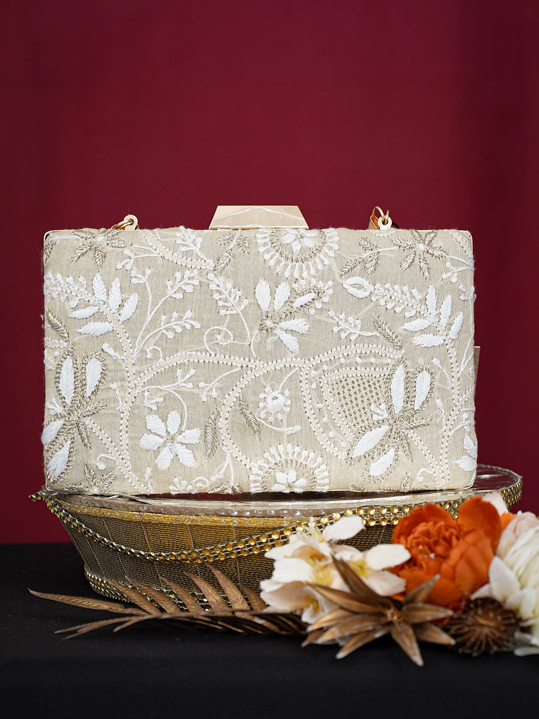 Ada Hand Embroidered Fawn Silk Lucknowi Chikankari Clutch With Golden Zari Taar Work 01A758960