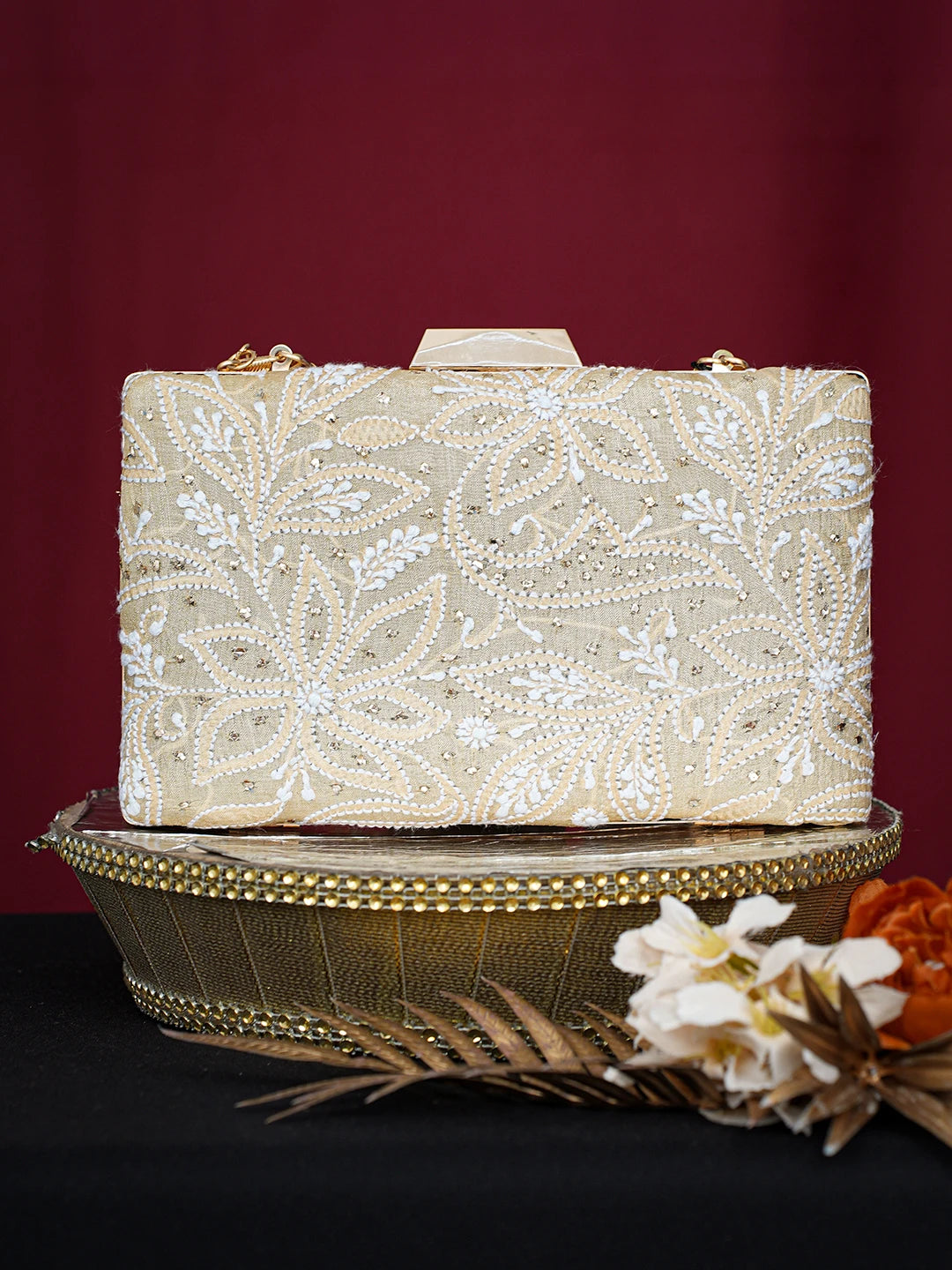 Ada Hand Embroidered Fawn Silk Lucknowi Chikankari Clutch With Mukaish Work 01A758964