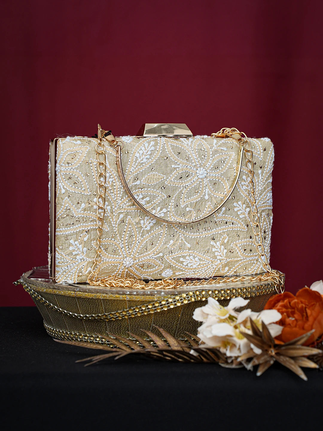 Ada Hand Embroidered Fawn Silk Lucknowi Chikankari Clutch With Mukaish Work 01A758964