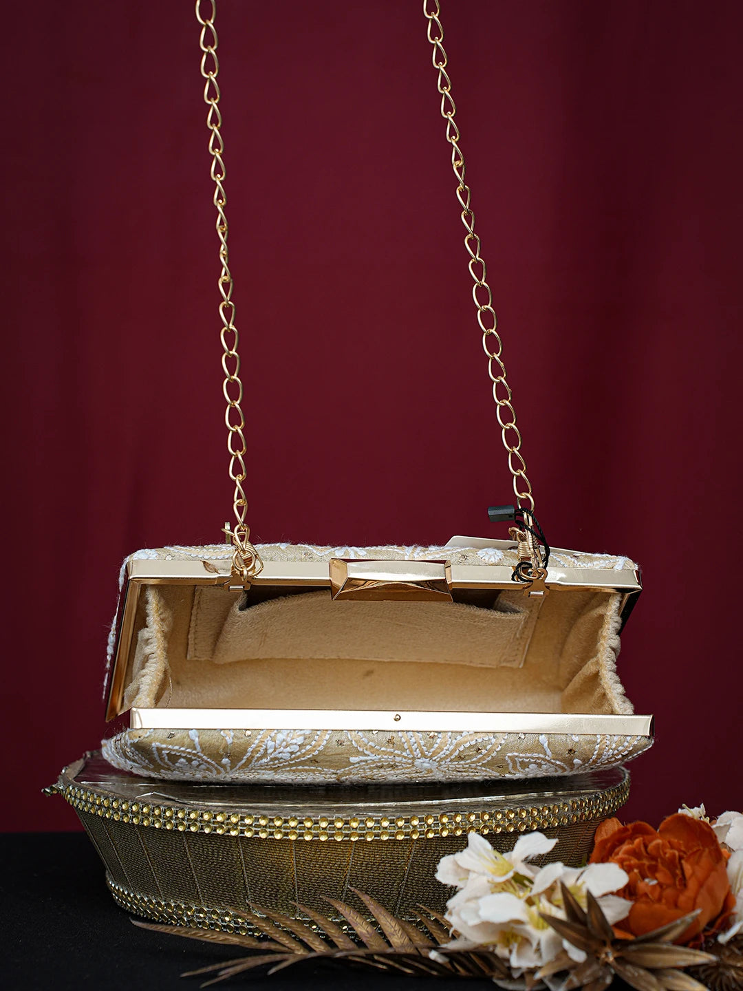 Ada Hand Embroidered Fawn Silk Lucknowi Chikankari Clutch With Mukaish Work 01A758964