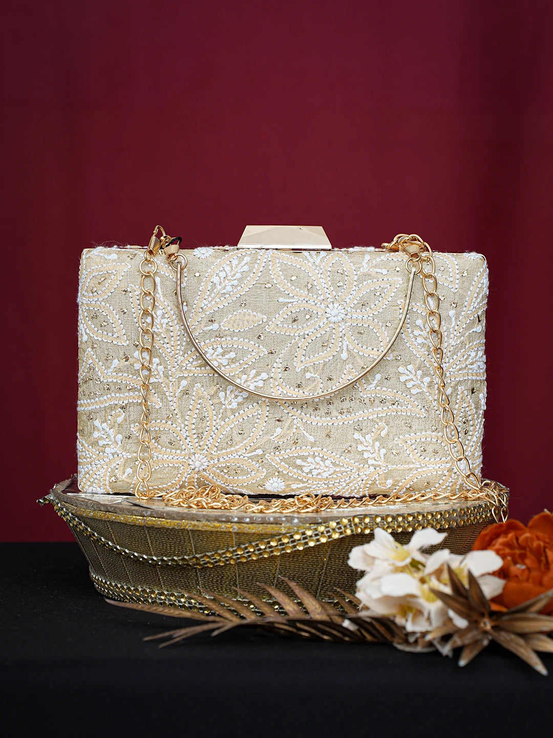 Ada Hand Embroidered Fawn Silk Lucknowi Chikankari Clutch With Mukaish Work 01A758964
