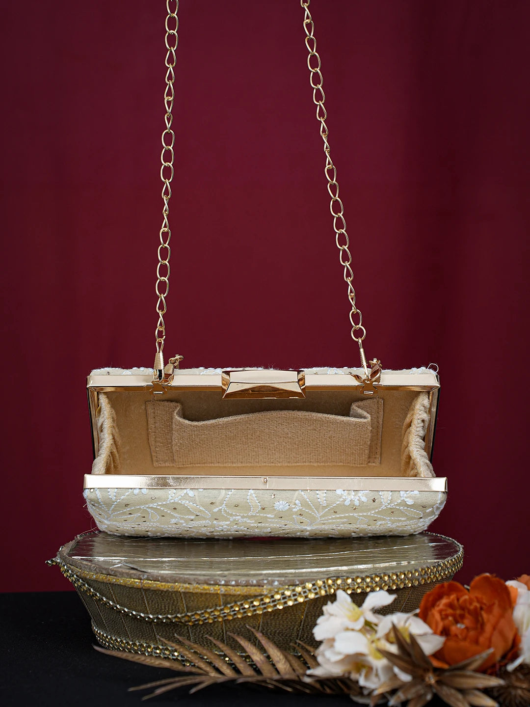 Ada Hand Embroidered Fawn Silk Lucknowi Chikankari Clutch With Mukaish Work 01A758970