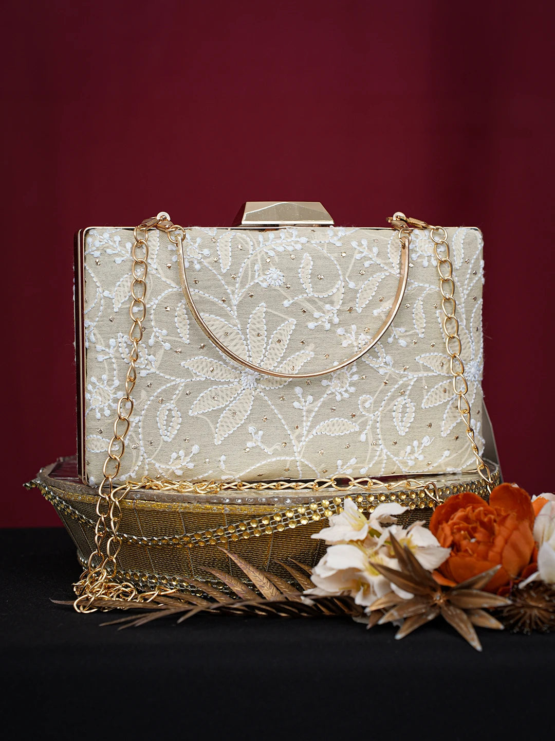 Ada Hand Embroidered Fawn Silk Lucknowi Chikankari Clutch With Mukaish Work 01A758970