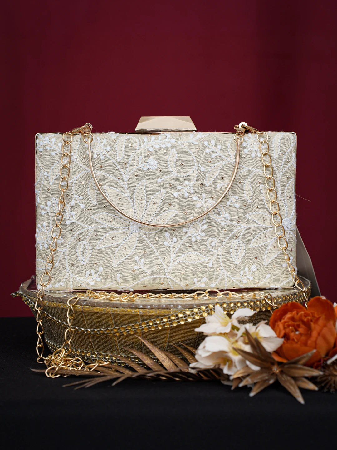 Ada Hand Embroidered Fawn Silk Lucknowi Chikankari Clutch With Mukaish Work 01A758970