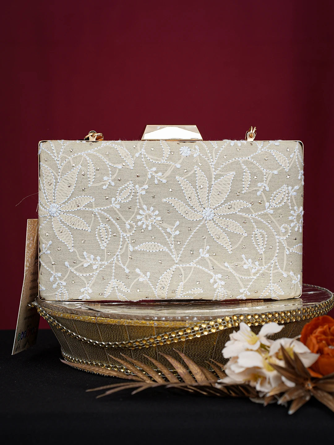 Ada Hand Embroidered Fawn Silk Lucknowi Chikankari Clutch With Mukaish Work 01A758970